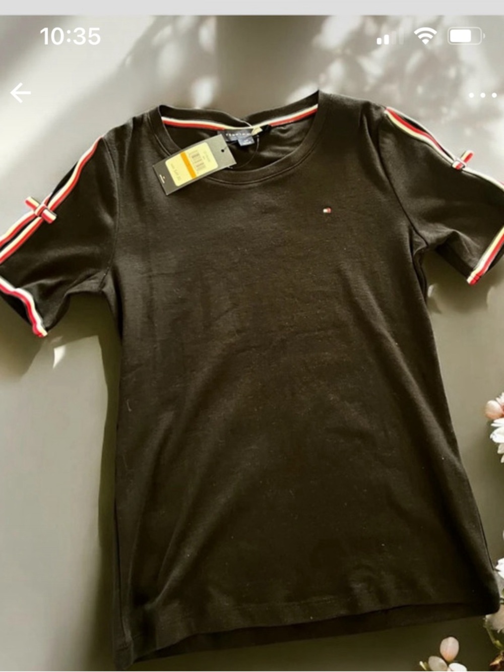 Black Womens S Short Sleeve Tee with Red-White Stripe Detail and bows